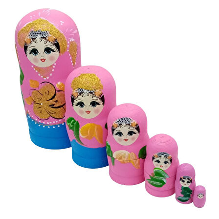 Ahşap Matruşka Bebek Renkli Büyük Altılı Set Pembe