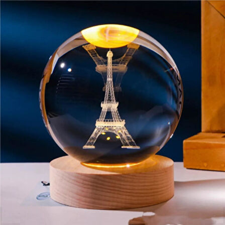 Eyfel Kristal Cam Küre 8cm Led Işıklı Usb Kablolu Ahşap Stantlı Gece Lambası