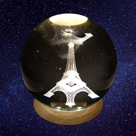Eyfel Kristal Cam Küre 8cm Led Işıklı Usb Kablolu Ahşap Stantlı Gece Lambası