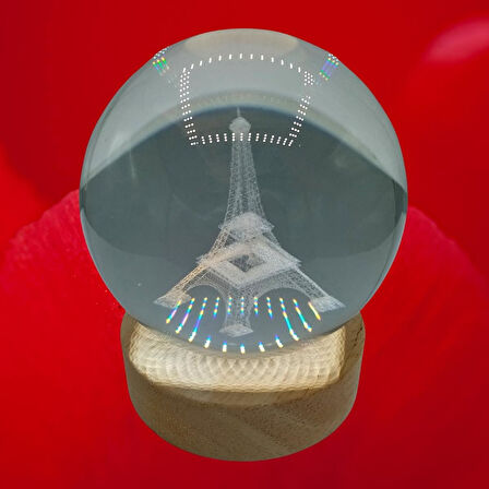 Eyfel Kristal Cam Küre 8cm Led Işıklı Usb Kablolu Ahşap Stantlı Gece Lambası