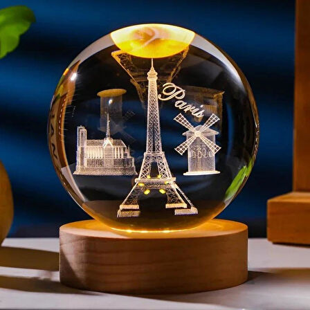 Paris Kristal Cam Küre 8cm Led Işıklı Usb Kablolu Ahşap Stantlı Gece Lambası