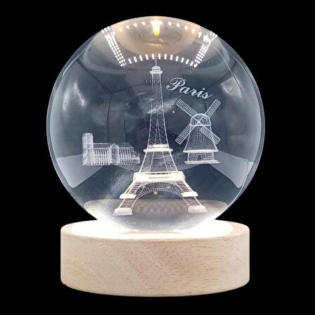 Paris Kristal Cam Küre 8cm Led Işıklı Usb Kablolu Ahşap Stantlı Gece Lambası