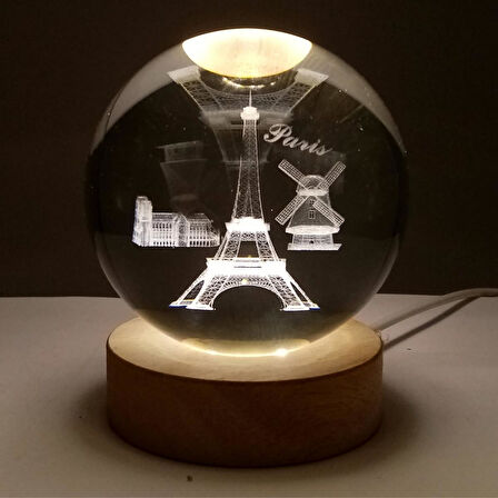 Paris Kristal Cam Küre 8cm Led Işıklı Usb Kablolu Ahşap Stantlı Gece Lambası
