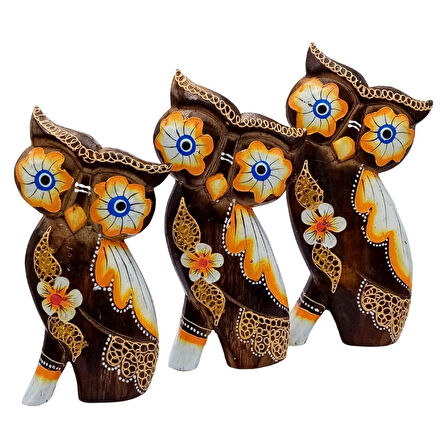 Ahşap Aborjin Üçlü Baykuş Dekoratif Biblo No.2 20 cm