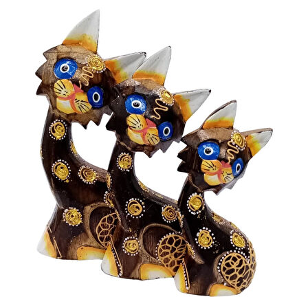 Ahşap Aborjin Üçlü Kedi Dekoratif Biblo No.1 16 cm