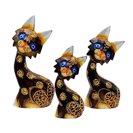 Ahşap Aborjin Üçlü Kedi Dekoratif Biblo No.1 16 cm