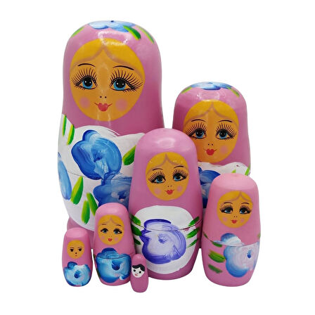 Ahşap Matruşka Bebek Yedili Set Gül Pembe