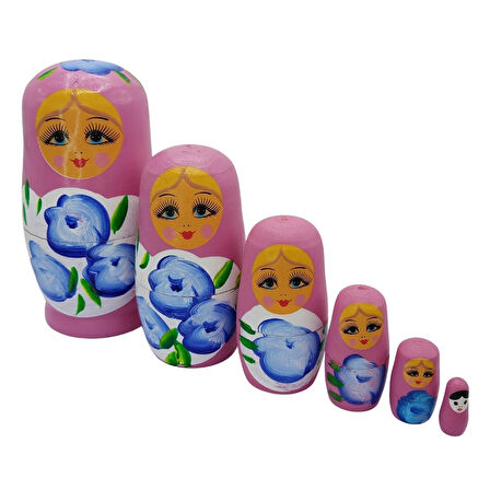 Ahşap Matruşka Bebek Altılı Set Gül Pembe