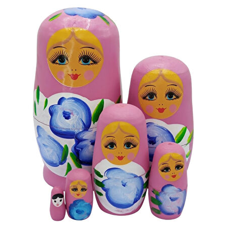 Ahşap Matruşka Bebek Altılı Set Gül Pembe