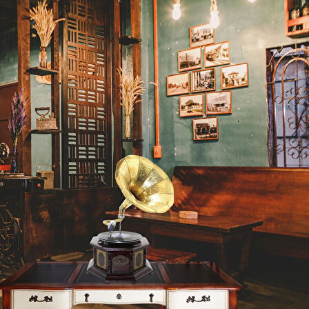 Gramofon Sekizgen Ahşap Plak Çalar No.3 37x63cm