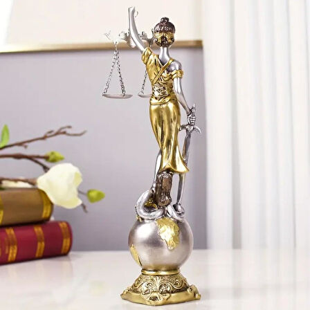 Themis Adalet Terazisi Heykeli ve Dünya Biblo Gümüş 24cm