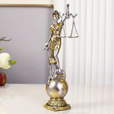 Themis Adalet Terazisi Heykeli ve Dünya Biblo Gümüş 24cm