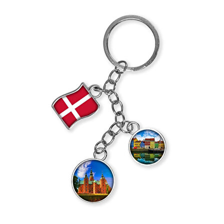 Danimarka Üçlü Epoksi Metal Çift Taraflı Damla Anahtarlık Denmark