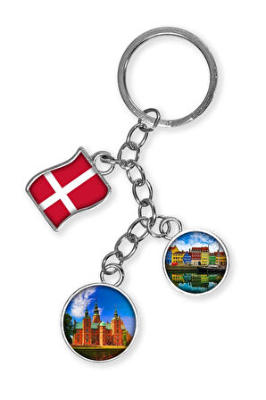 Danimarka Üçlü Epoksi Metal Çift Taraflı Damla Anahtarlık Denmark