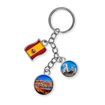 İspanya Üçlü Epoksi Metal Çift Taraflı Damla Anahtarlık Spain