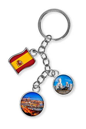 İspanya Üçlü Epoksi Metal Çift Taraflı Damla Anahtarlık Spain