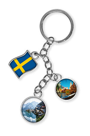 İsveç Üçlü Epoksi Metal Çift Taraflı Damla Anahtarlık Sweden