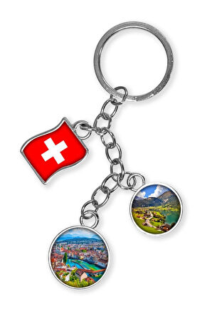 İsviçre Üçlü Epoksi Metal Çift Taraflı Damla Anahtarlık Switzerland