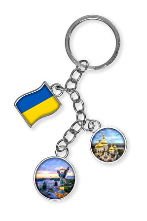 Ukrayna Üçlü Epoksi Metal Çift Taraflı Damla Anahtarlık Ukraine