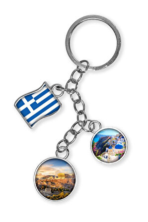 Yunanistan Üçlü Epoksi Metal Çift Taraflı Damla Anahtarlık Greece