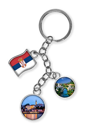 Sırbistan Üçlü Epoksi Metal Çift Taraflı Damla Anahtarlık Serbia