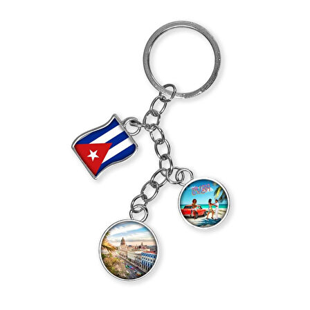 Küba Üçlü Epoksi Metal Çift Taraflı Damla Anahtarlık Cuba