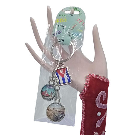 Küba Üçlü Epoksi Metal Çift Taraflı Damla Anahtarlık Cuba