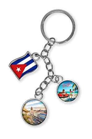 Küba Üçlü Epoksi Metal Çift Taraflı Damla Anahtarlık Cuba