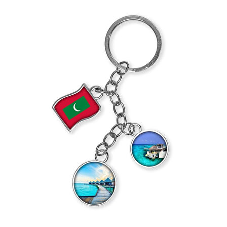 Maldivler Üçlü Epoksi Metal Çift Taraflı Damla Anahtarlık Maldives