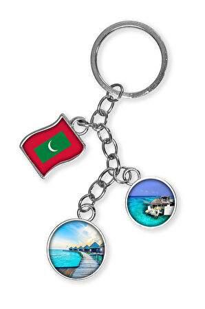 Maldivler Üçlü Epoksi Metal Çift Taraflı Damla Anahtarlık Maldives