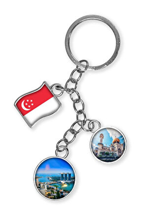 Singapur Üçlü Epoksi Metal Çift Taraflı Damla Anahtarlık Singapore