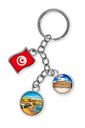 Tunus Üçlü Epoksi Metal Çift Taraflı Damla Anahtarlık Tunisia