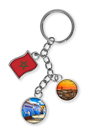 Fas Üçlü Epoksi Metal Çift Taraflı Damla Anahtarlık Morocco