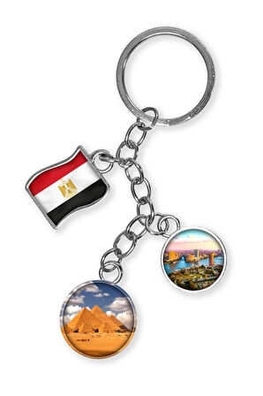 Mısır Üçlü Epoksi Metal Çift Taraflı Damla Anahtarlık Egypt