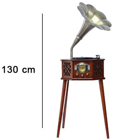 Gramofon Ahşap Standlı Pikap Plakçalar Radyo Bluetooth Usb 130cm CW003