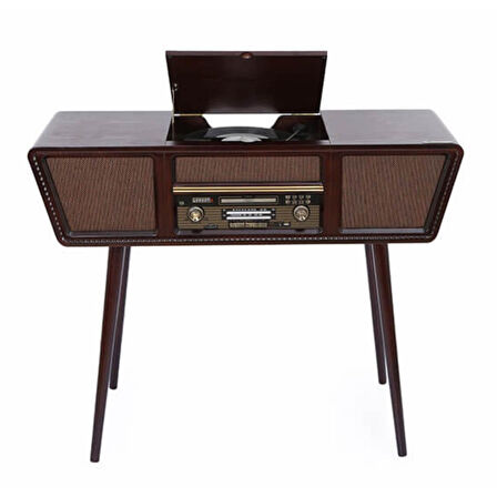 Gramofon Nostaljik Ahşap Standlı Pikap Plakçalar Radyo Bluetooth Usb 100cm C0999