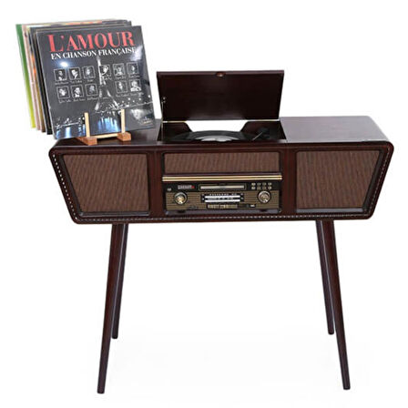 Gramofon Nostaljik Ahşap Standlı Pikap Plakçalar Radyo Bluetooth Usb 100cm C0999