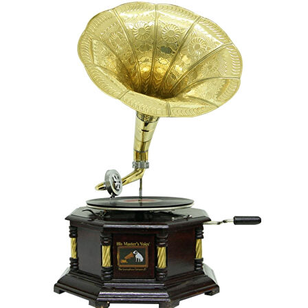 Gramofon Nostaljik Ahşap Sekizgen Köşeleri Bronz İşli Plakçalar ASIG523