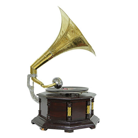 Gramofon Nostaljik Ahşap Sekizgen Köşeleri Bronz İşli Plakçalar ASIG523
