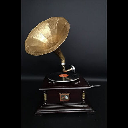 Gramofon Plakçalar Ahşap Kare Köşeleri Bronz İşli Kurmalı ASIG501