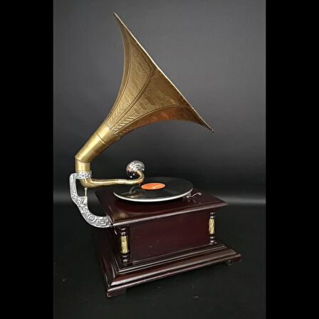 Gramofon Plakçalar Ahşap Kare Köşeleri Bronz İşli Kurmalı ASIG501