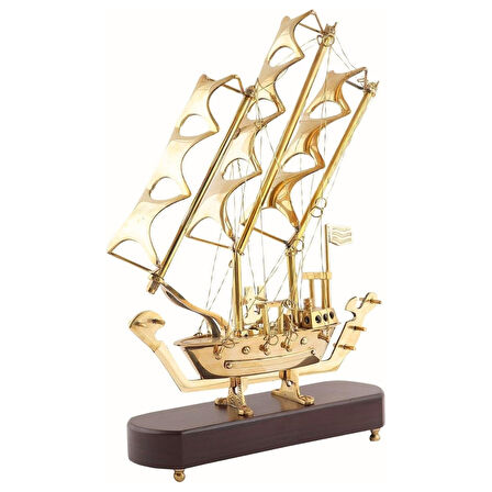 Pirinç Yelkenli Gemi Ahşap Kaideli Ev Ofis Dekorasyon 33cm
