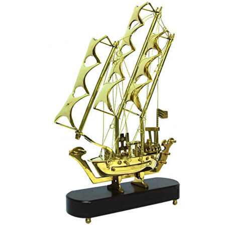 Pirinç Yelkenli Gemi Ahşap Kaideli Ev Ofis Dekorasyon 33cm