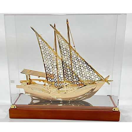 Pirinç Yelkenli Gemi Altın Kaplama Katar Dhow Teknesi Kutulu 29cm No.1