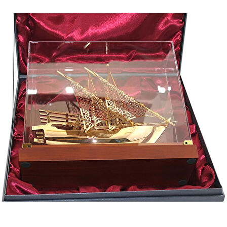 Pirinç Yelkenli Gemi Altın Kaplama Katar Dhow Teknesi Kutulu 29cm No.1