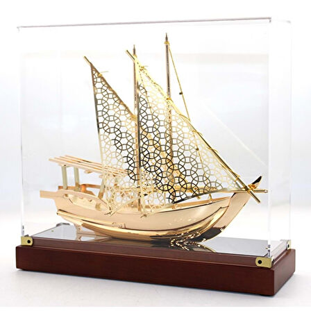 Pirinç Yelkenli Gemi Altın Kaplama Katar Dhow Teknesi Kutulu 29cm No.1