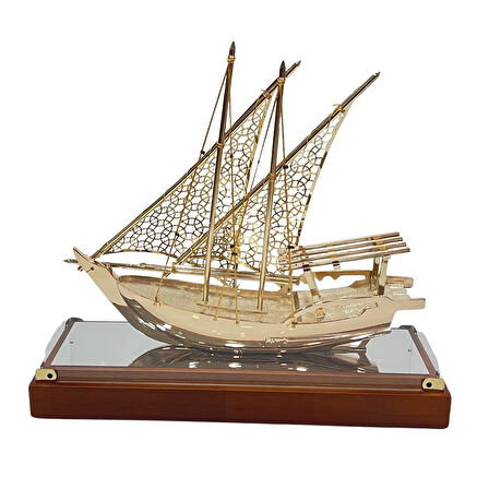 Pirinç Yelkenli Gemi Altın Kaplama Katar Dhow Teknesi Kutulu 29cm No.1