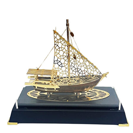 Pirinç Yelkenli Gemi Altın Kaplama Katar Dhow Teknesi Deri Kutulu 23cm No.2