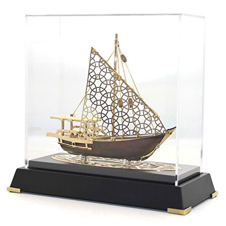 Pirinç Yelkenli Gemi Altın Kaplama Katar Dhow Teknesi Deri Kutulu 23cm No.2
