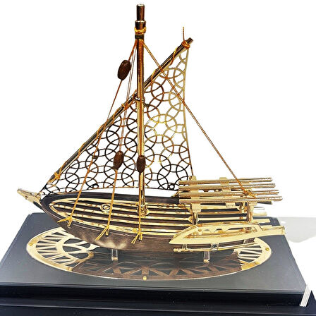 Pirinç Yelkenli Gemi Altın Kaplama Katar Dhow Teknesi Deri Kutulu 23cm No.2